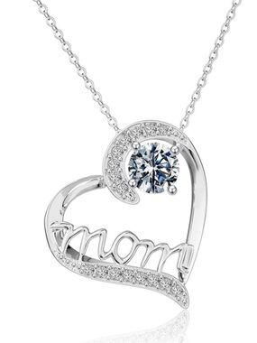 925 Sterling Silver 'Mom' Heart Pendant Necklace with Clear Crystal Accent